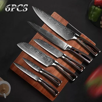 

6pcs Utility Knives Set Sharp Blade Damascus Pattern Knife for Chef Bread Santoku Slicing Paring Cooking Tools