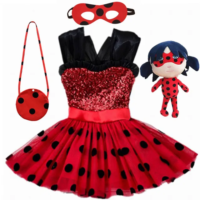 Carnival 2020 Red bug cosplay Girls Dress Summer Clothes Redbug Party Dress Children's day Lace Dot Baby Girls Dresses 4pcs-Set-Toy2