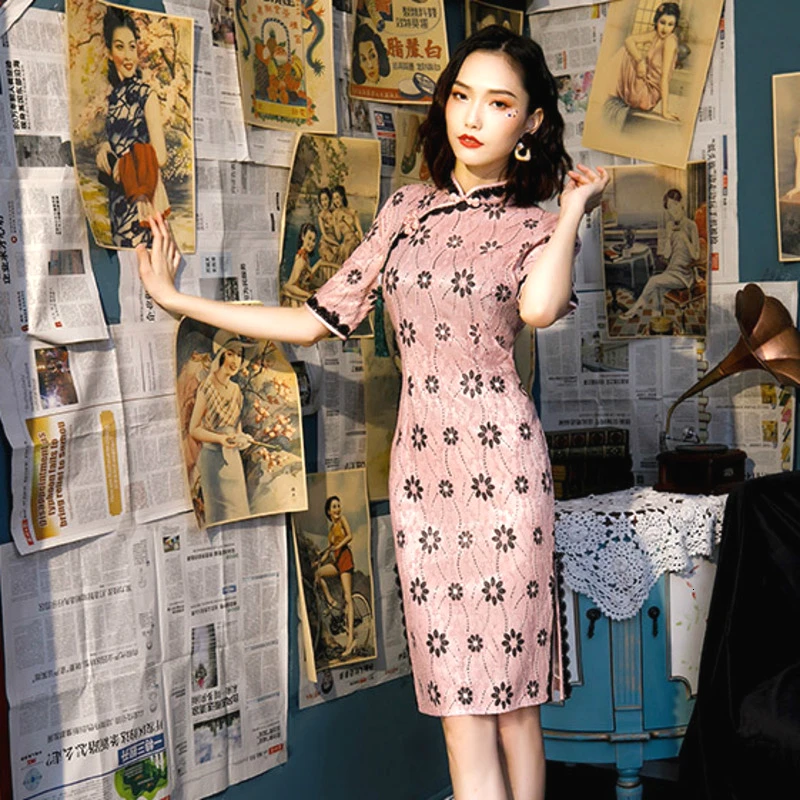 

Women Pink Lace Fabric Qipao Cheongsam Dresses Short Evening Lace Dress Elegant Chinese Style Traditional Chipao Autumn Winter