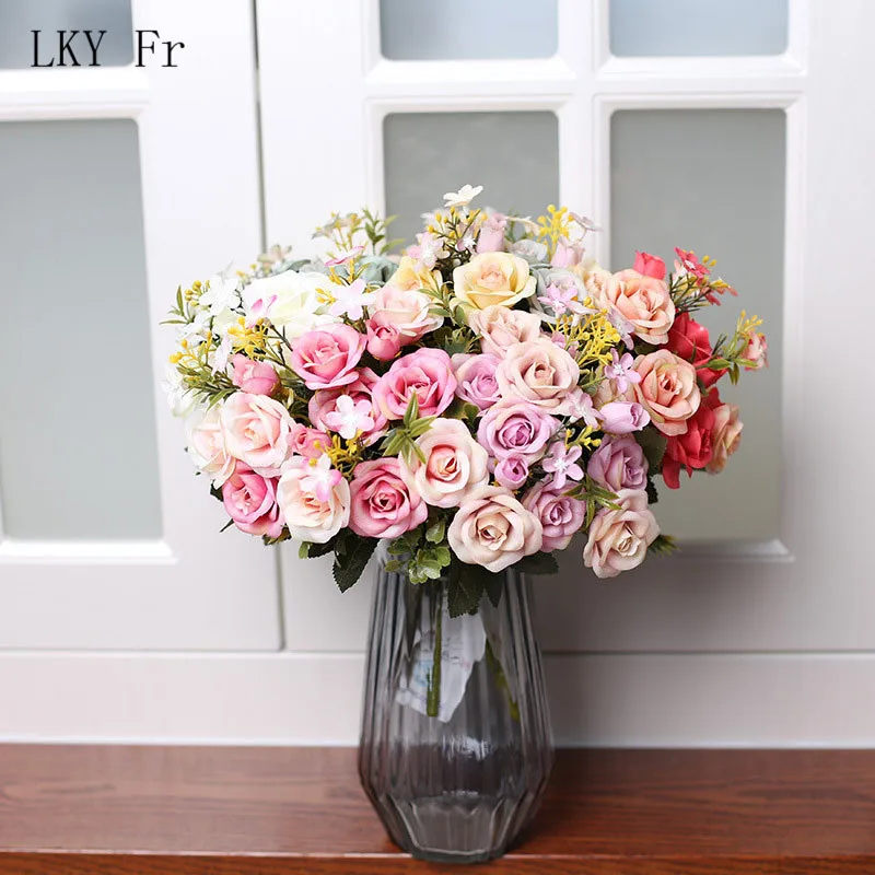 

LKY Fr Artificial Fake Flowers Red Silk Roses Bouquet Small Pink Flowers Home Decoration Accessories Wedding Flower Roses Decor