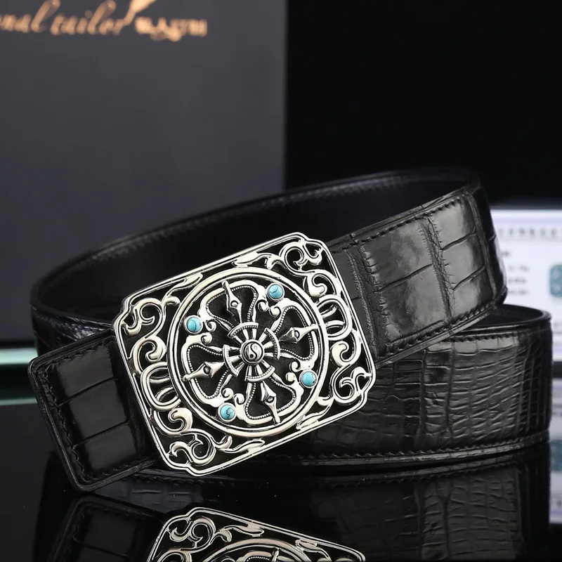 McParko винтажный S925 Серебряный ремень с пряжкой для мужчин роскошный ремень из натуральной кожи крокодила мужские костюмы ремни брюки поясные ремни