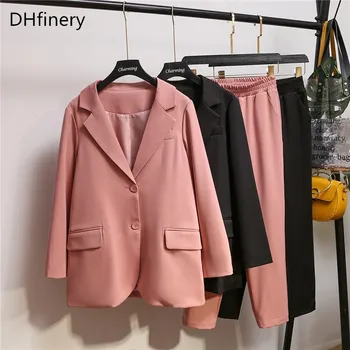 

DHfinery women 2 piece set spring autumn blazer Pant Suit black and pink Office Wear 50-110KG Women Suits plus size XL-5XL H094