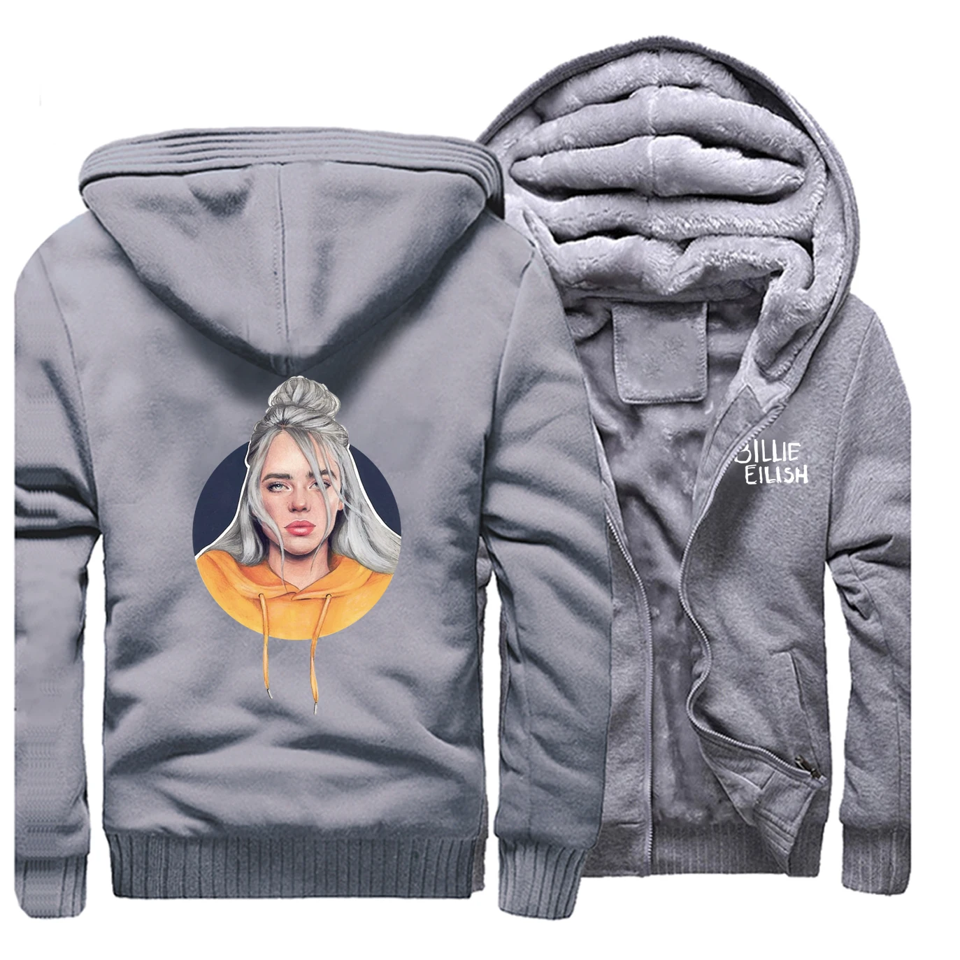 Billie Eilish куртки Мужская мода Bad Guy Толстовка толстовки зимние толстые молнии флис Kpop пальто куртка Черная Рок уличная одежда - Цвет: Gray