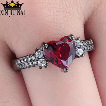 

Punk Black Gold Red Love Heart Rings For Women Engagement Ring Female Women's Cubic Zirconia Wedding Party Jewelry Size 6-10