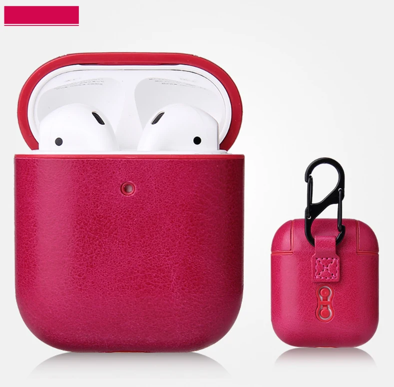Bluetooth наушники кожаный чехол для Apple AirPods 1 2 натуральная кожа противоударный чехол кожа для Air Pods зарядная коробка с крючком - Цвет: 4