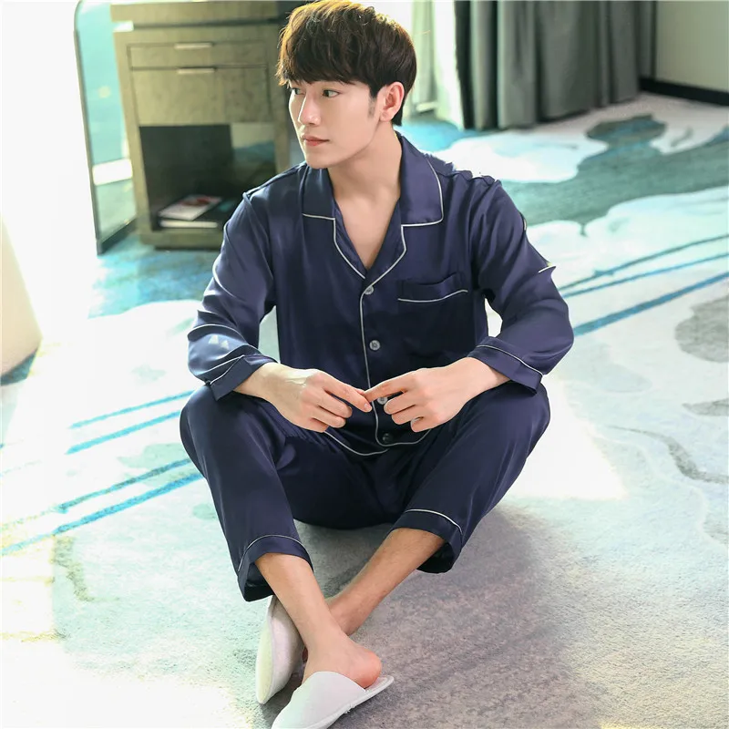 

Spring Summer Pajamas Satin Thin Men Long-sleeve Suit Tracksuit Silk Extra-large Pajamas Japanese Korean Hoodie
