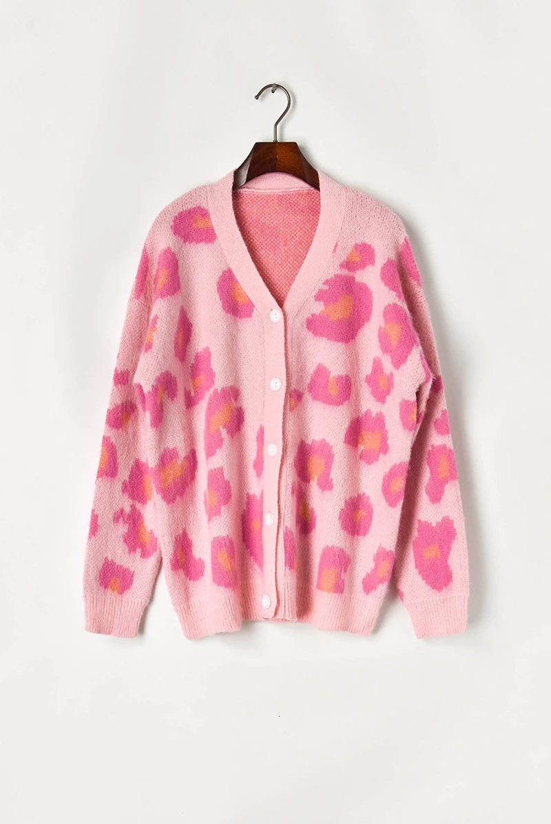 Розовый вязаный кардиган из мохера с цветочным рисунком, женский свободный милый свитер, осень и зима, Новое поступление
