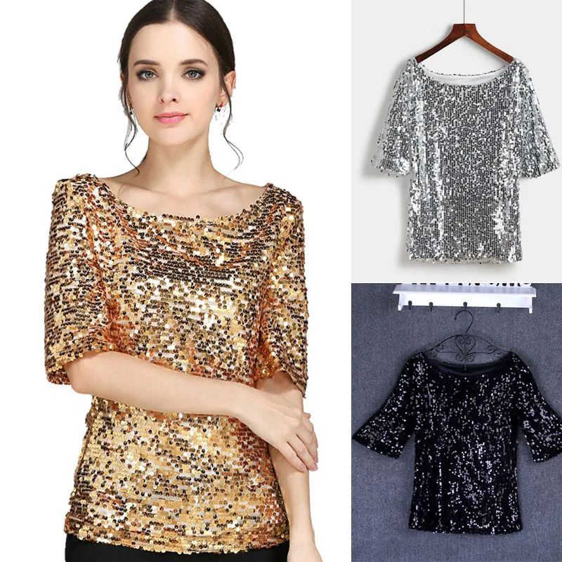 

Sequins Gold Silver Glitter Top 2020 Spring Summer Women Sexy Short T Shirt Shiny Plus Size Evening Party Elegant Club Party