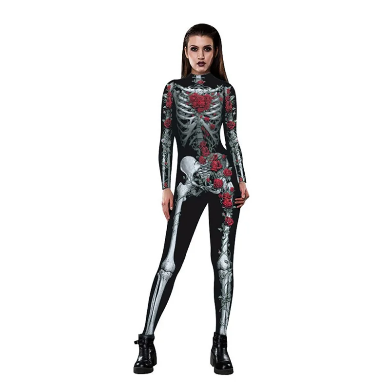 Цветочные механические костюм с изображением костей страшные костюмы на Хэллоуин для Для женщин Розы черепа, комбинезон, большой размер