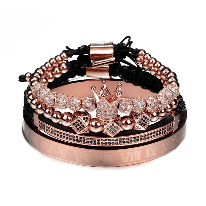 New Luxury 18KT Gold CZ Balls Crown Roman numeral bracelet 