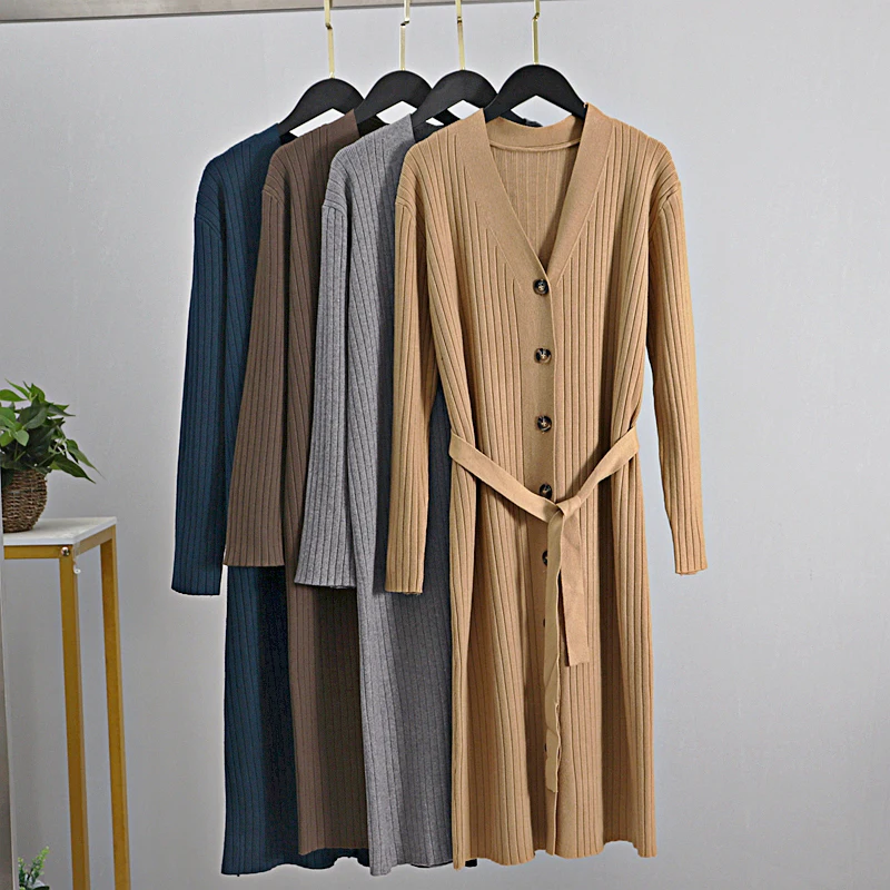 GIGOGOU Elegant V Neck Long Knit Women Straight Dress With Belt Single Breasted Maxi Cardigan Sweater Soft Female Jumper Top | Женская