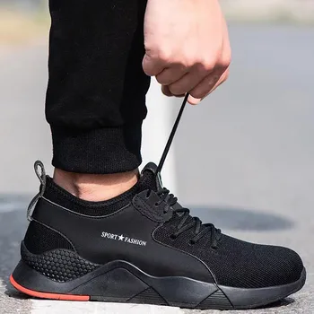 

Men Women Sneakers Unisex Working Safety Flats Shoes Couple Lace-up Black Sports Shoes Comfortable Breathable Walking Sneakers