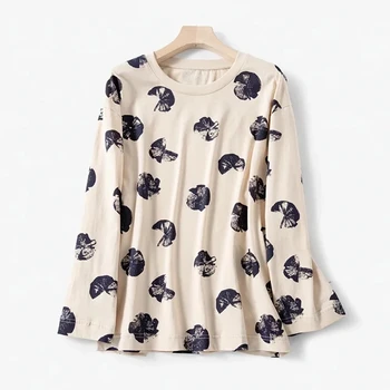 

2020 Spring Summer Leaf Print T-shirt Women's Long Sleeve Loose O-neck Tops Lady T-shirt
