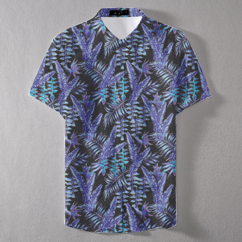 Summer Short Sleeve Hawaiian Colorful Leaf Custom Man Casual Shirt