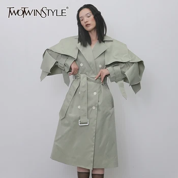 

TWOTWINSTYLE Casual Trench Coats For Women Lapel Collar Long Sleeve High Waist Lace Up Windbreakers Female Fashion 2020 Clothing
