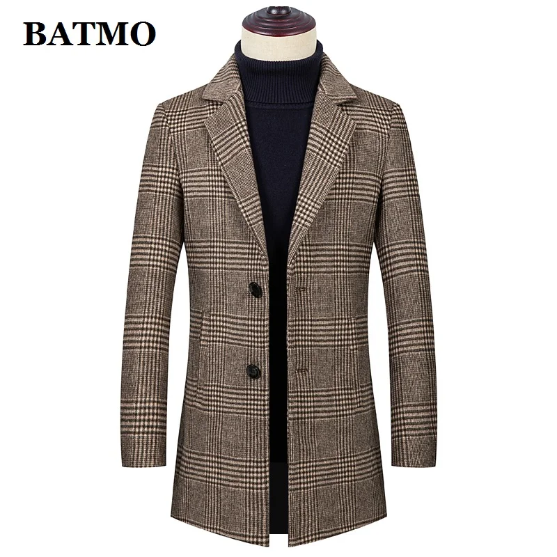 

BATMO 2019 new arrival winter&autumn high quality wool plaid trench coat men, wool plaid jackets men 1915