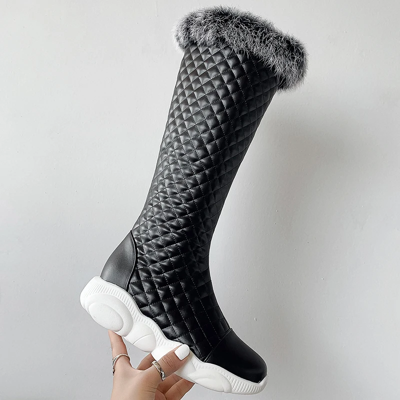Оригинальные зимние стильные сапоги до колена с ромбами; цвет белый, черный; женская обувь на натуральном меху с круглым носком; женская теплая обувь; Размеры 3-14 - Цвет: EF7975 Black