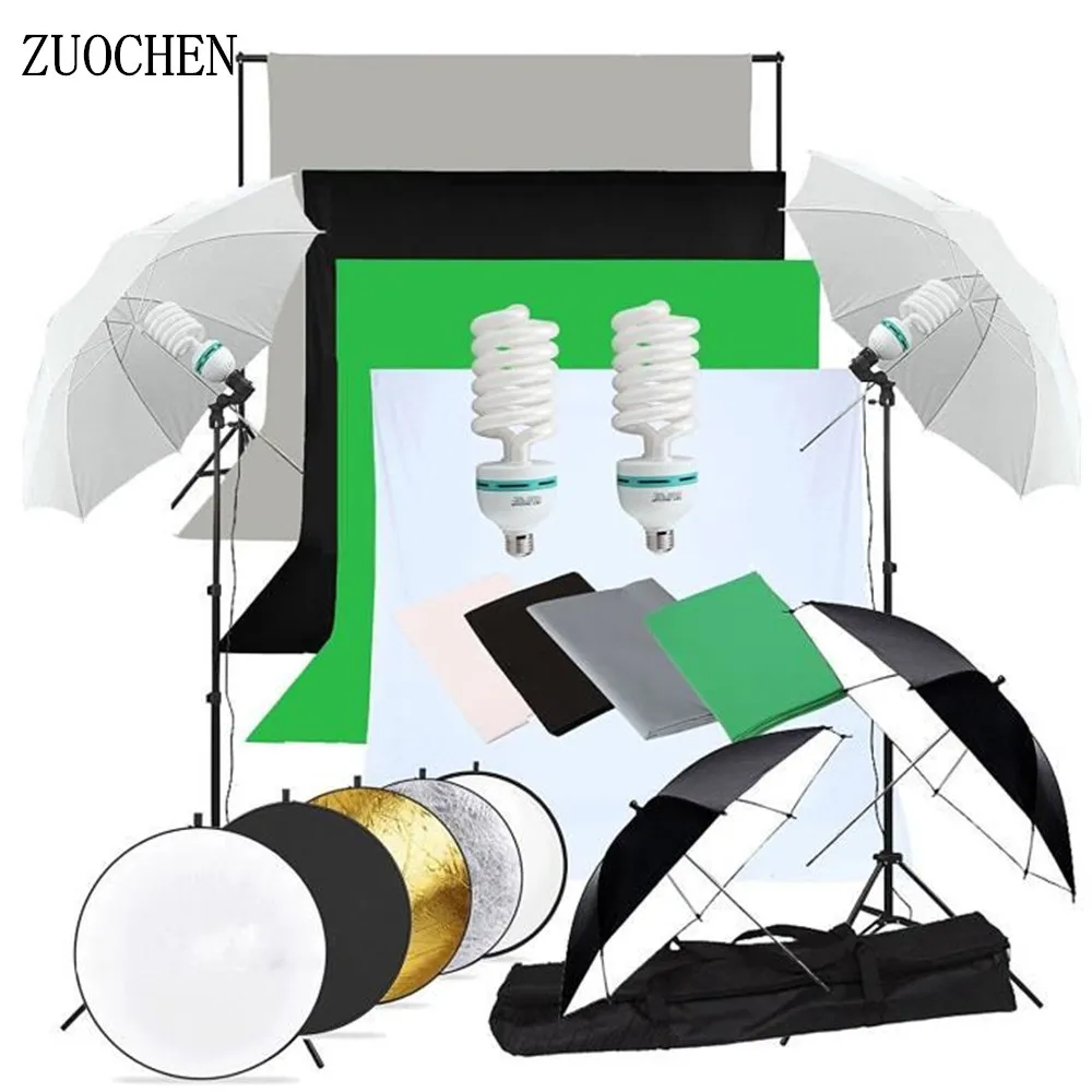 ZUOCHEN 2×135W Photography Studio Umbrellas Lighting Kit White Black Green Gray Backdrop Light Stand Reflector For Facebook | Электроника