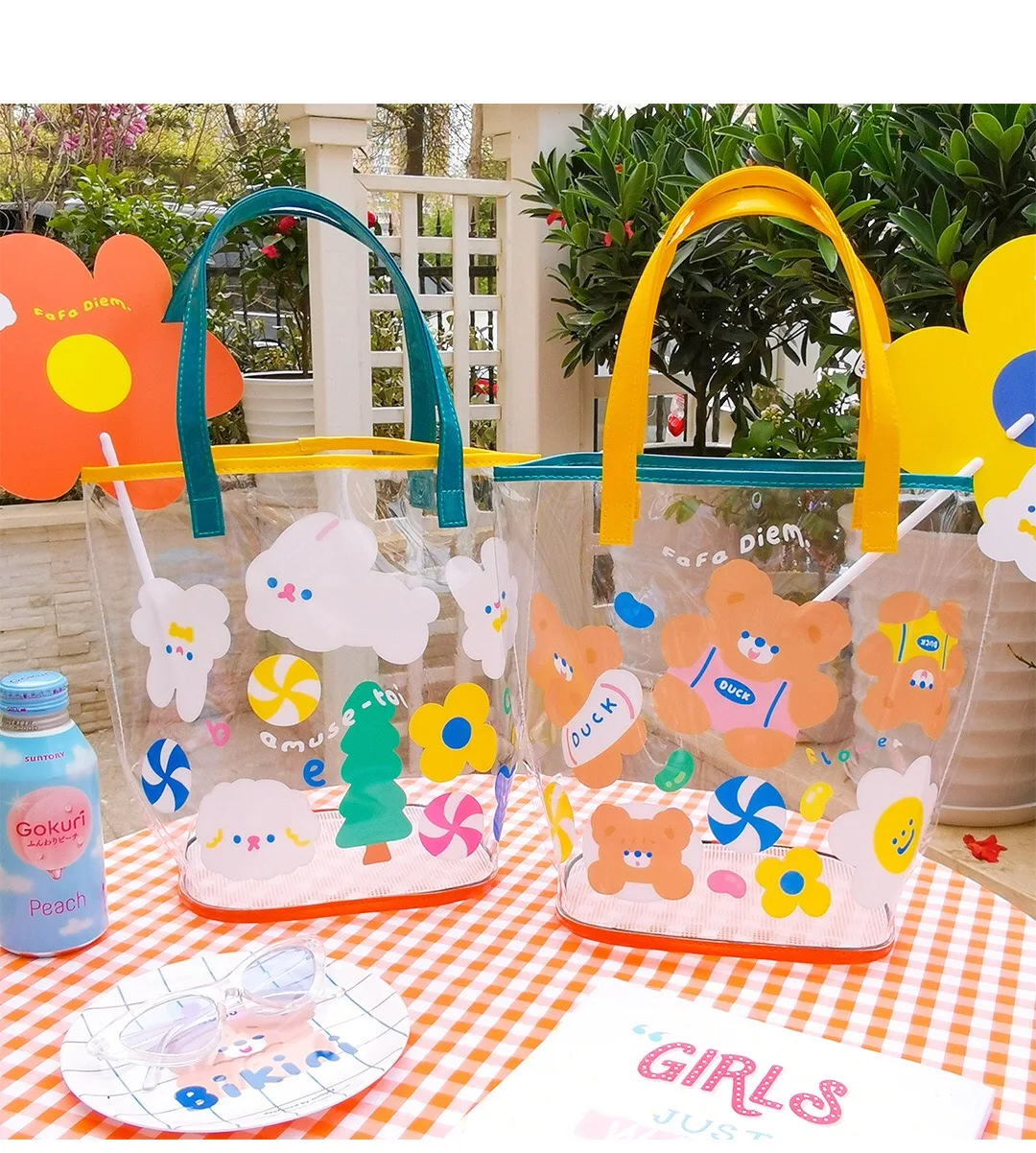 Transparent Handbag Waterproof Clear Beach Bag Girls Travel Storage Bag Women Daily Wash Bags Cute Rabbit Shoulder School Bags