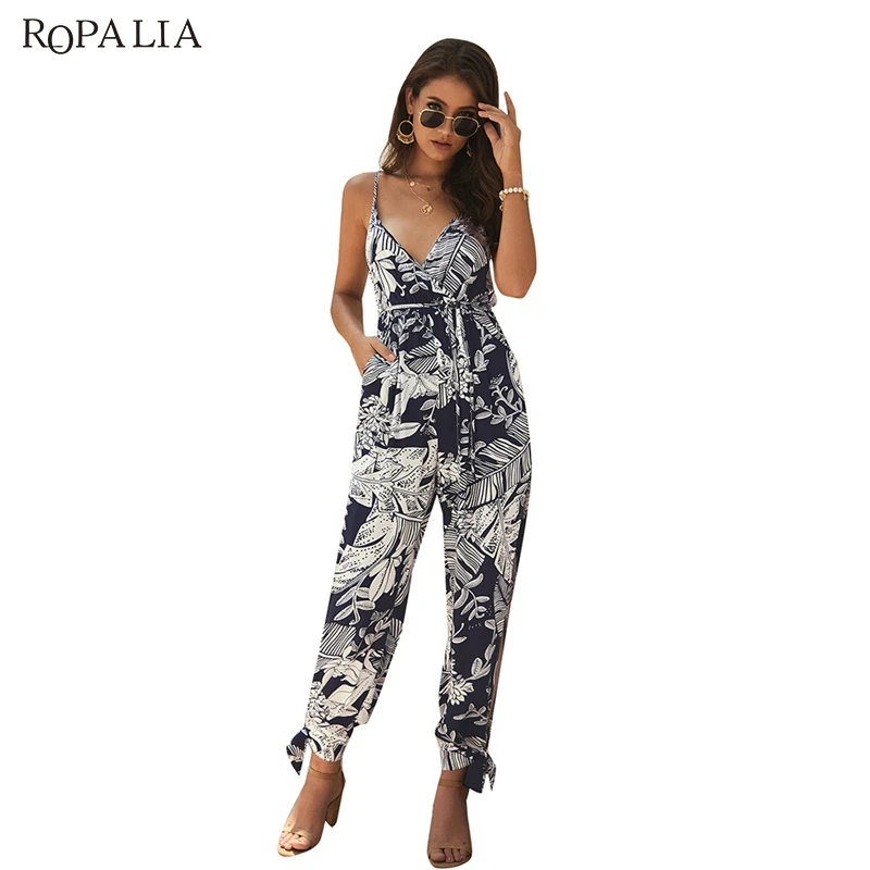 

Summer Sexy Sling Jumpsuit Cross V-neck Leaf Print Jumpsuit Wide Leg Pants