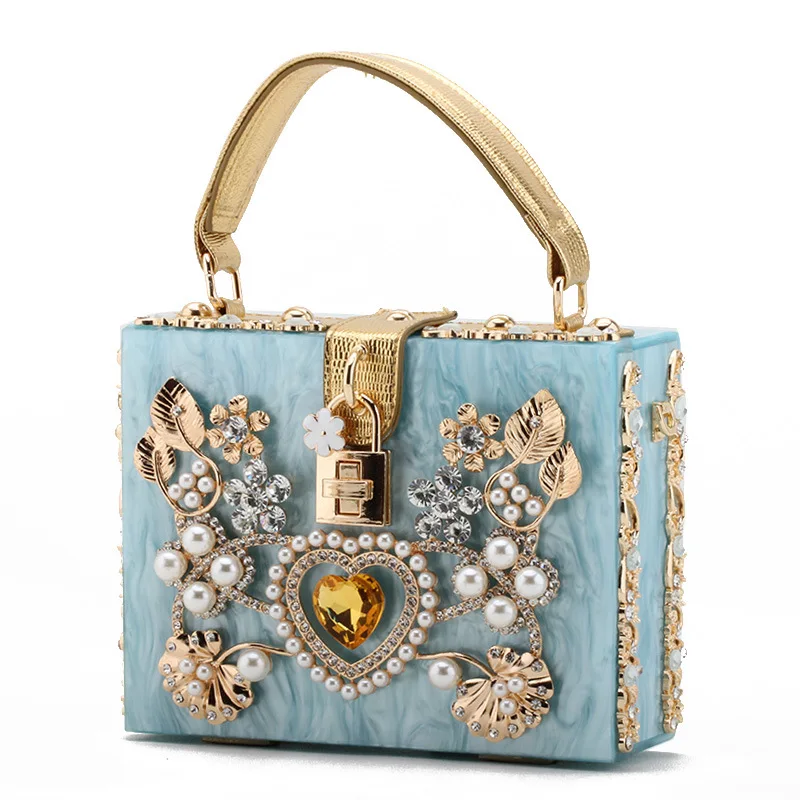 

Women Shoulder Bag Small Acrylic Party Gorgeous Diamond Pearl Shoulder Purse Evening Party Clutch Bag Hollow Out Heart Flower