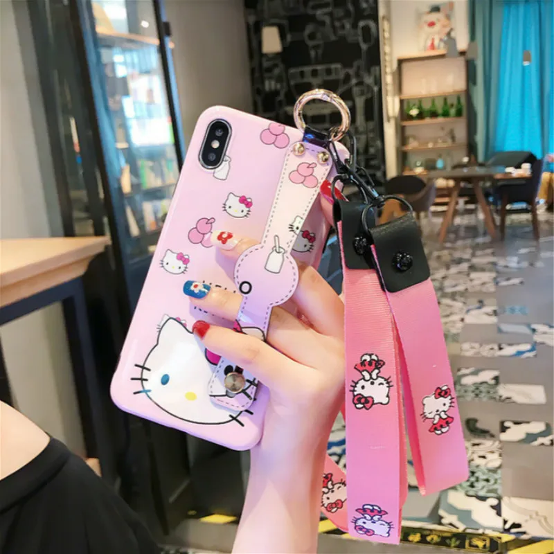 Милый hello kitty Cat кронштейн+ ремешок чехол для iphone 7 Чехол Xs Max 6 6s 8 Plus X Xr мультфильм мягкий ТПУ чехол для телефона
