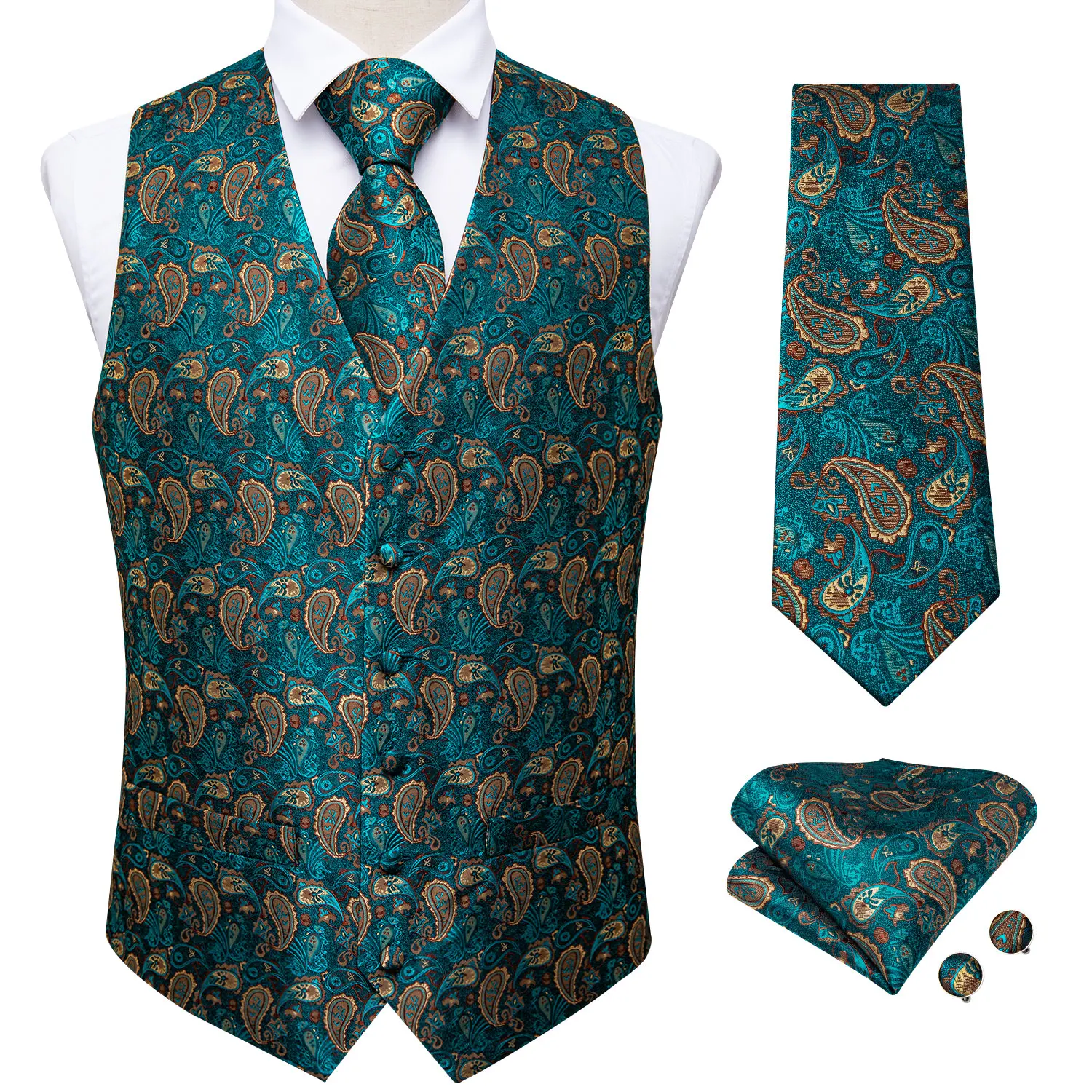 

2020 New Fashion Men's Suit Vest Teal Green Paisley Silk Waistcoat Sleeveless Formal Business Jacket Dress Vests For Men DiBanGu