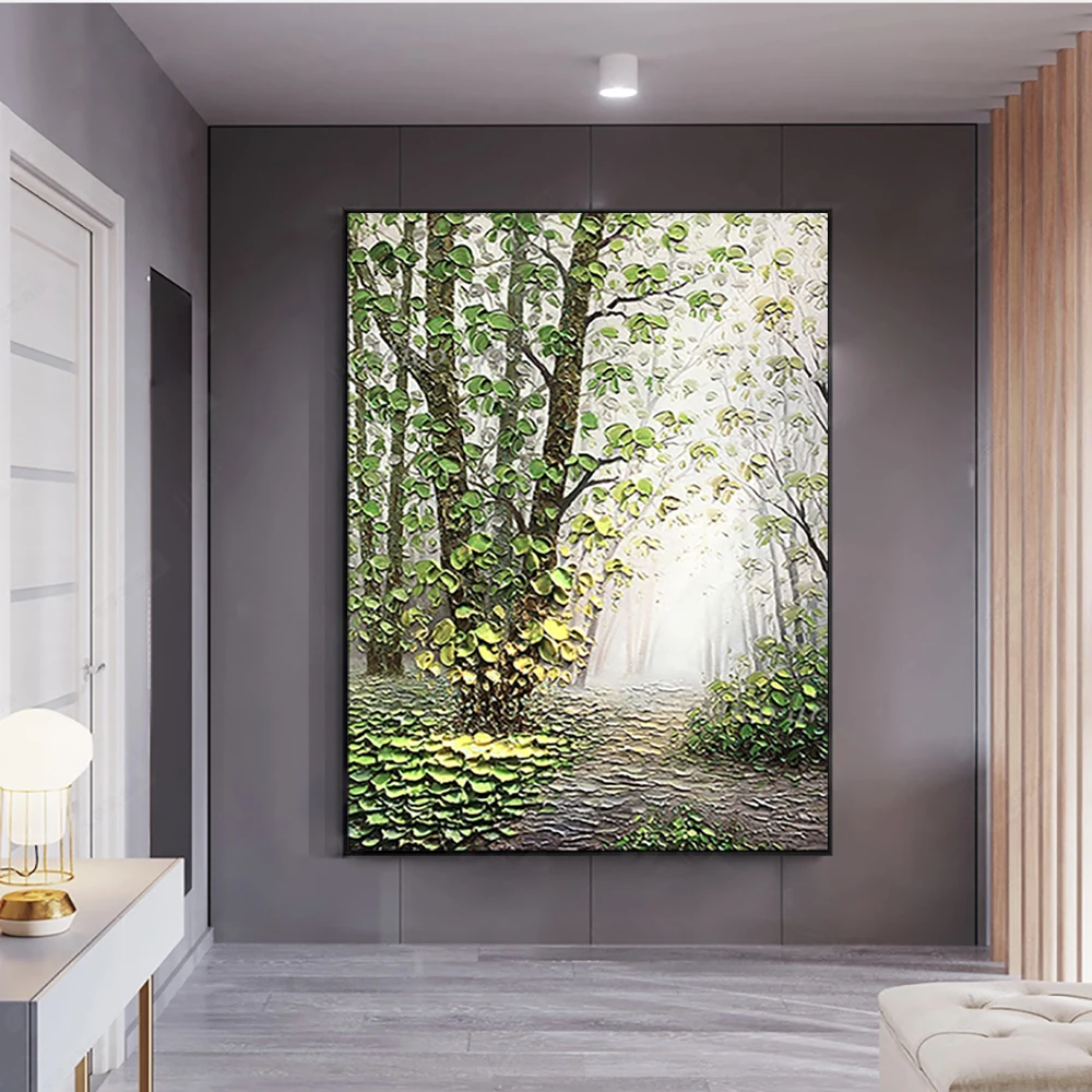 

Handmade 3D Green Tree Oil Painting on Canvas, Hand Painted Wood Painting Large Decorative Murals, Living Room Wall Art Pictures
