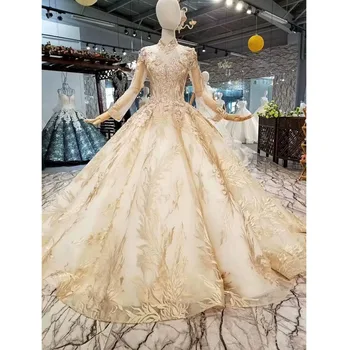 

BGW 31117ht Luxury Muslim Evening Dress Long Sleeve High Neck Flower Golden Ball Gown Dubai Women Occasion Dresses Free Shipping