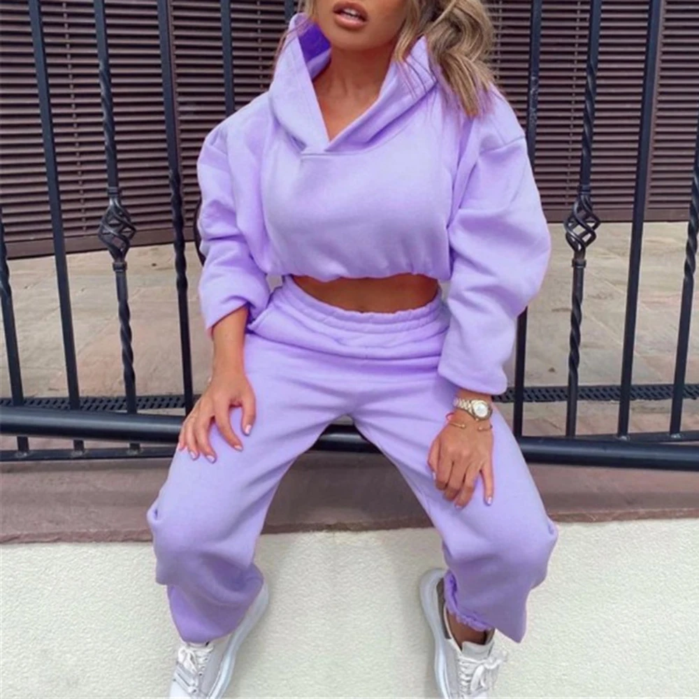 

Autumn Winter Two Piece Set Neon Color Women Hoodie Fleece Sweatshirt Crop Top & Pants Tracksuit Sport Jogging Suit Clothing Set