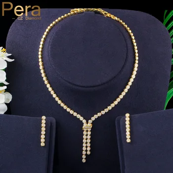 

Pera Luxurious Round CZ Dubai African Gold Long Tassel Dangling Drop Necklace and Earrings for Women Wedding Party Gift J320