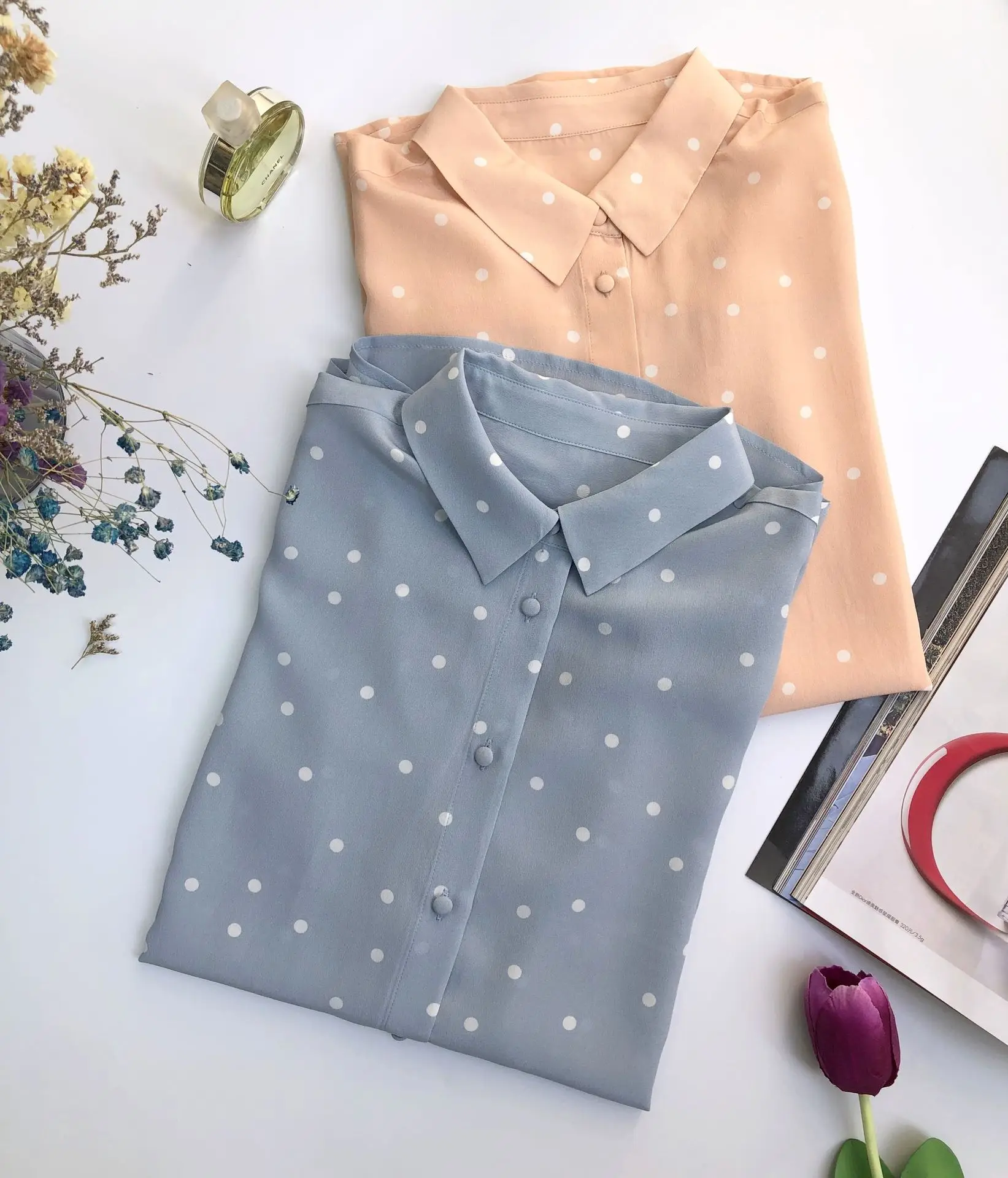 Polk Dot Print Женские рубашки из натурального шелка с длинным рукавом однобортные Элегантные Роскошные повседневные топы и блузки женская одежда