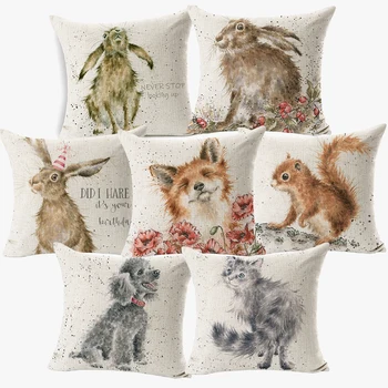 

Hand Painting Animals Hare Fox Cushion Covers Lovely Deer Squirrel Dog Cat Cushion Cover Linen Pillow Case For Baby Kids Bedroom