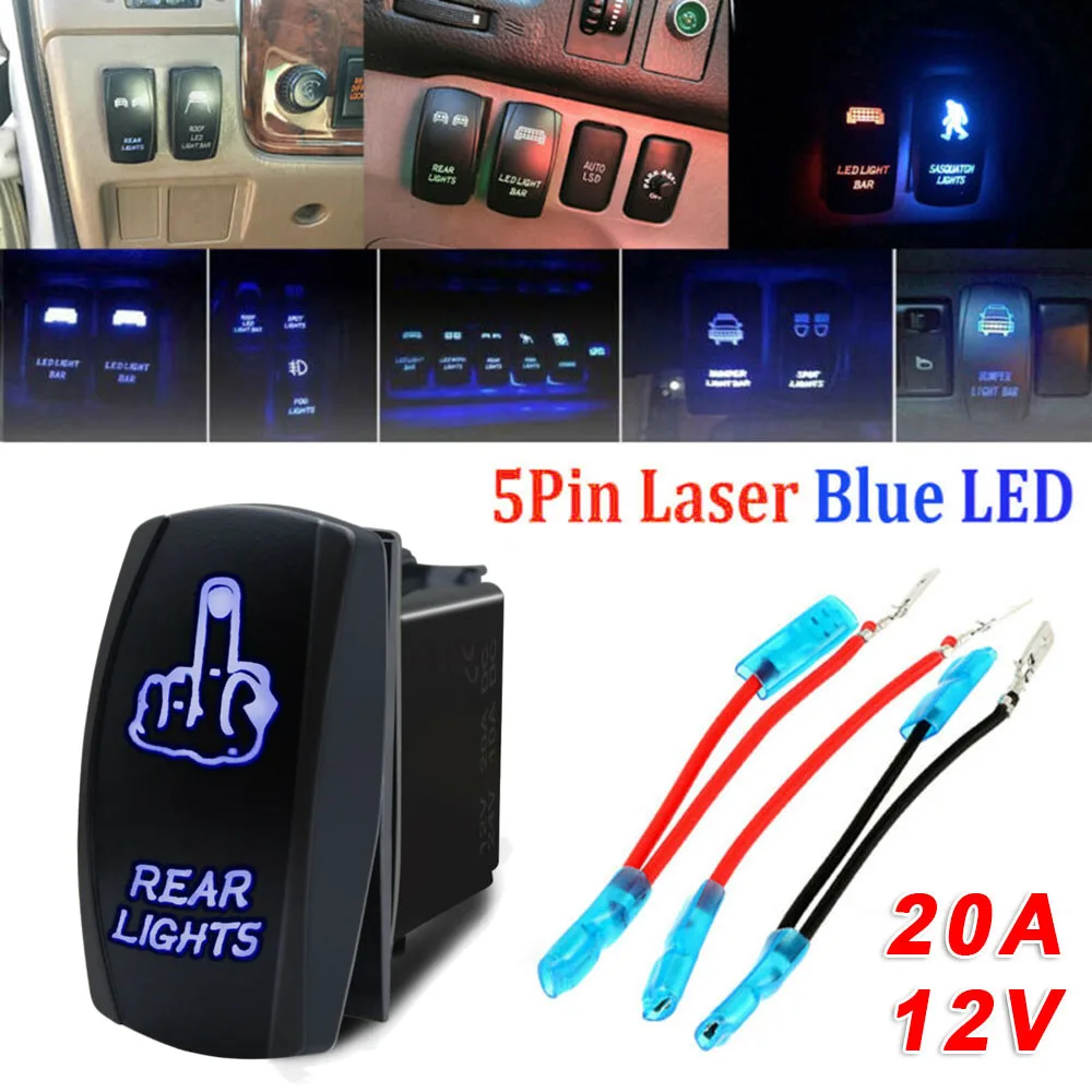 

5 Pins Blue Rocker Switch Laser Etched LED Middle Finger Rear Lights Controller