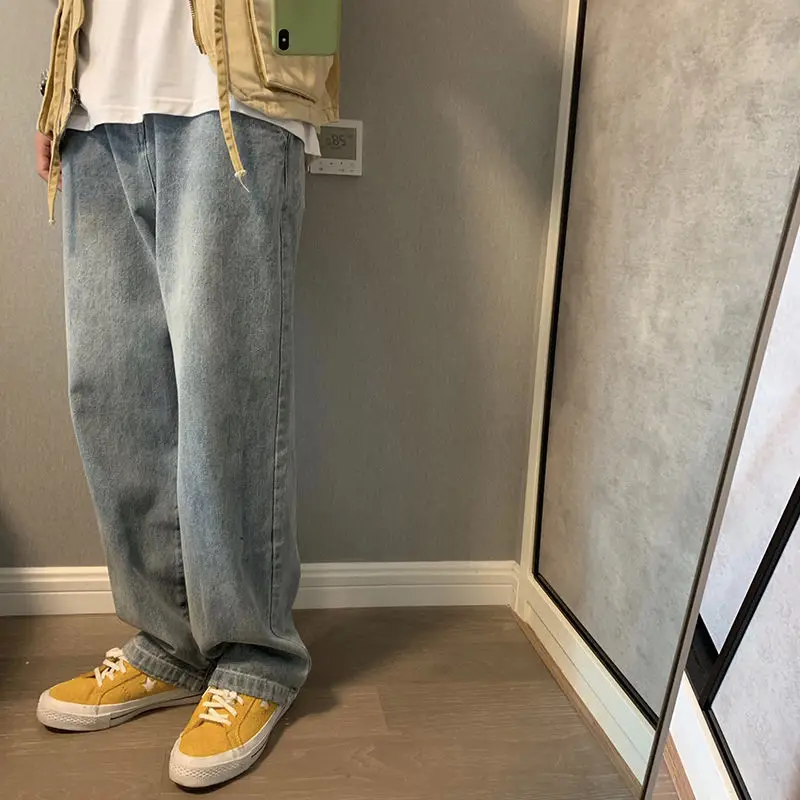 Retro Hip Hop Loose Jeans Men's Idle Style Straight Wide Leg Daddy Pants High Street Mop Trousers Mens Street Wear Denim Jeans