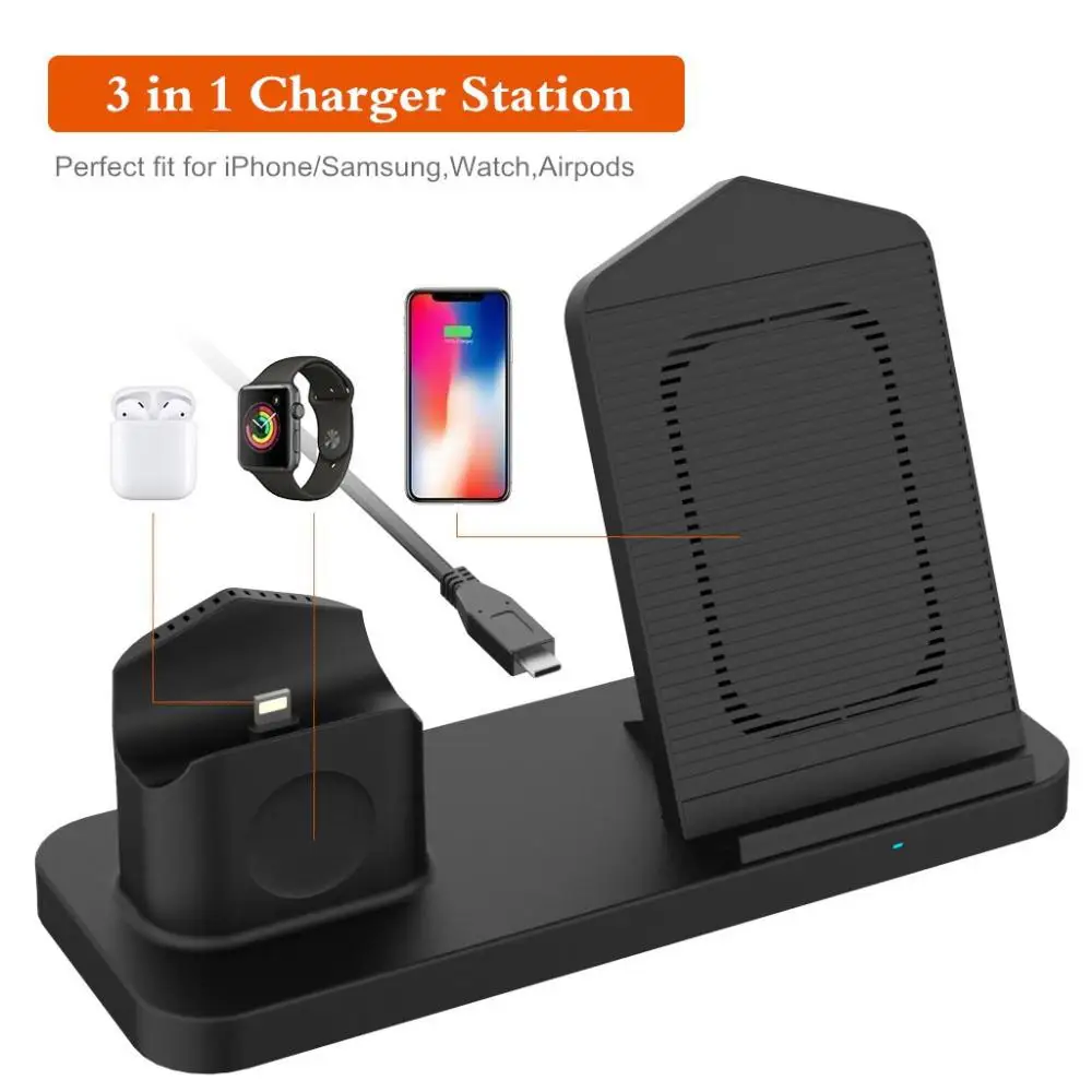 

3 in 1 10W Fast Qi Wireless Charger Stand for iPhone XS Max XR X 8 SamsungApple Watch 4 3 2 Airpods Quick Charging Dock