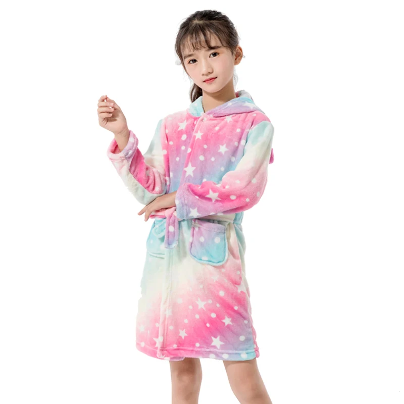 Kigurumi/Детские Банные халаты; детский банный халат с капюшоном и рисунком звезды, радуги, Единорога; пижамы для мальчиков и девочек; ночная рубашка; детская одежда для сна - Цвет: Pink star unicorn