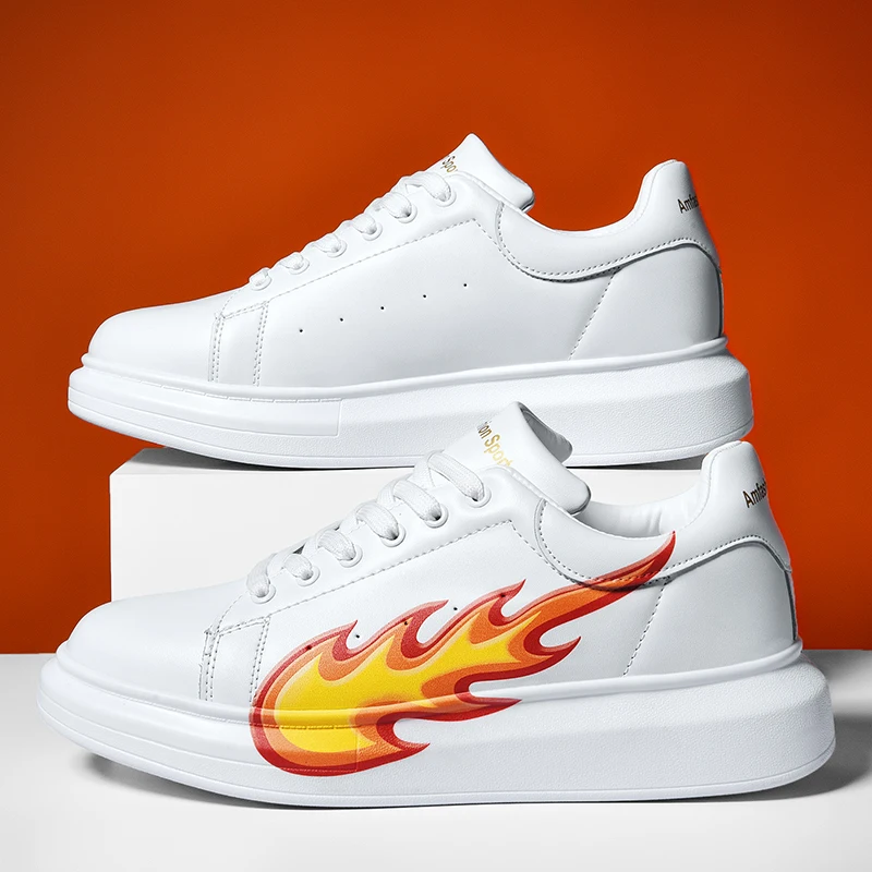 

2020 New Luxury Casual Shoes Men Fashion Flame Design White Sneakers Lace Up Comfortable Leisure Trainers Men Bambas Hombre