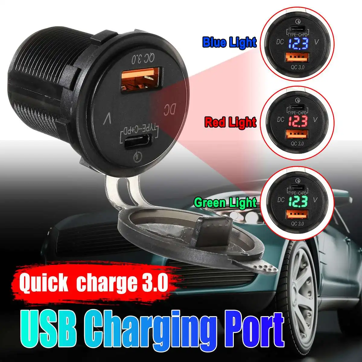 3 цвета водонепроницаемый общий quick charge 3,0 разъем type-C автомобильное зарядное устройство ж/светодиодный цифровой вольтметр Универсальный-розетка питания