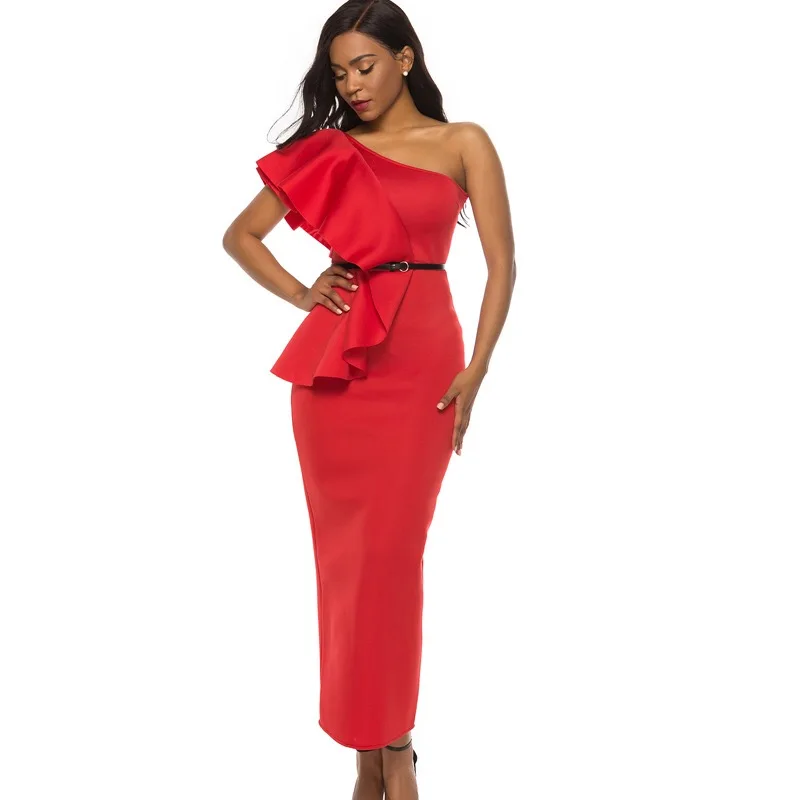 

Elegant Party Evening Dresses Women One Shoulder Ruffles Ankle Length Backless Wedding Party Red Dresses Vestidos Mujer 2020 New