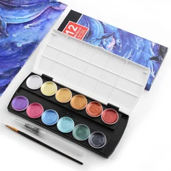 2021 New Product Metallic Solid Watercolor Pigment Pearlescent Solid Watercolor Neutral 12 Color Set Art Supplies for Artist