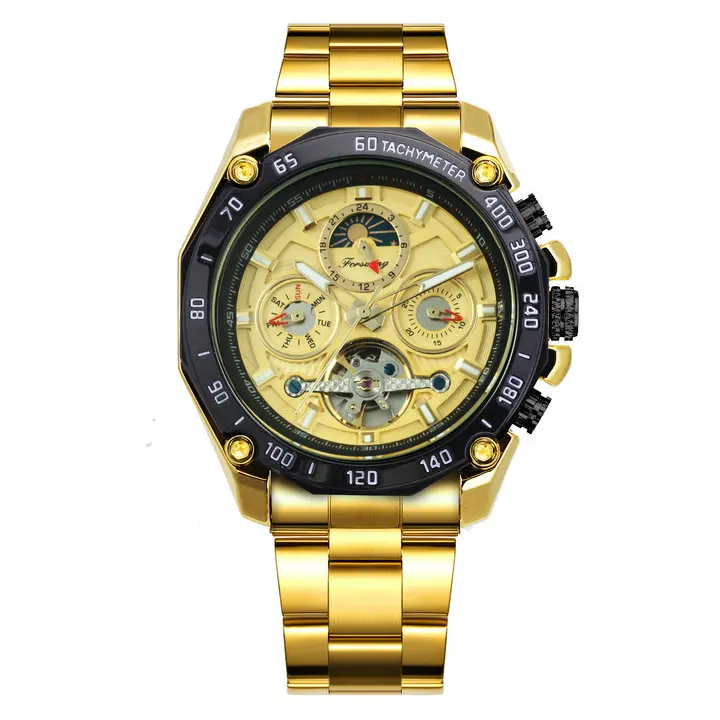 GOLDEN GOLDEN FORSINING Роскошные automatic Tourbillon часы Мужские лучший бренд из нержавеющей стали креативные часы Sun Moon Phase механические наручные часы - Цвет: GOLDEN GOLDEN