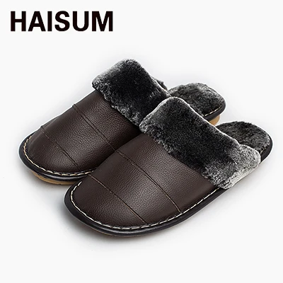 Dark brown Мужские тапочки; зимние домашние Нескользящие термальные тапочки из натуральной кожи; Новинка года; Лидер продаж; Haisum H-8816 - Цвет: Dark brown