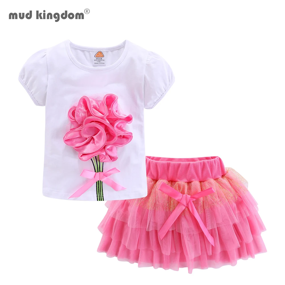 Mudkingdom Cute Girls Outfits Boutique 3D Flower Lace Bow Tulle Tutu Skirt Sets for Toddler Girl Clothes Suit Summer Noverlty
