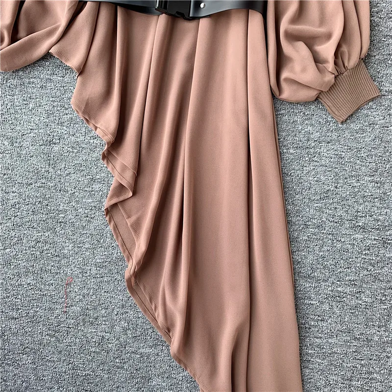 ALPHALMODA резортная блузка-толстовка с асимметричным подолом и длинными рукавами-фонариками, на молнии, с воротником, свободные модные блузки, топ с поясом