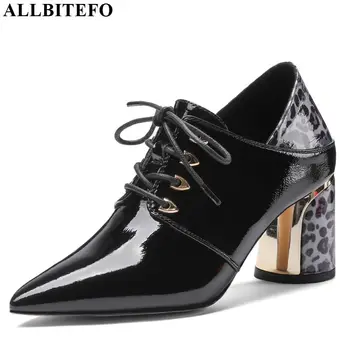 

ALLBITEFO real genuine leather high heel shoes spring autumn Frenulum women heels fashion Leopard Print office ladies shoes