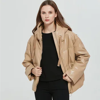 

YLHooded Faux Leather Parkas Women Fashion PU Leather Coats Women Elegant Zipper Cotton Jackets Female