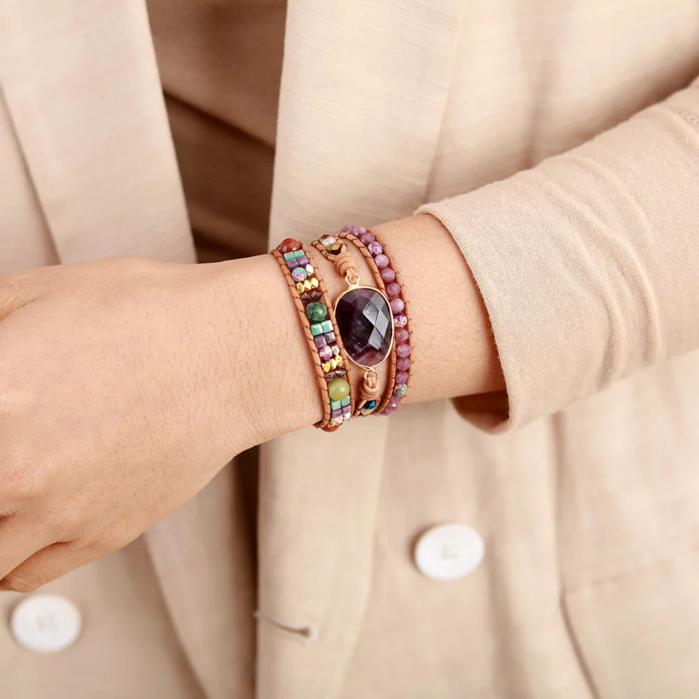 Leather Wrap Bracelets W/ Natural Stone Amethysts Crystals Beaded Triple Statement Art Bracelet Bohemian Jewelry Gifts