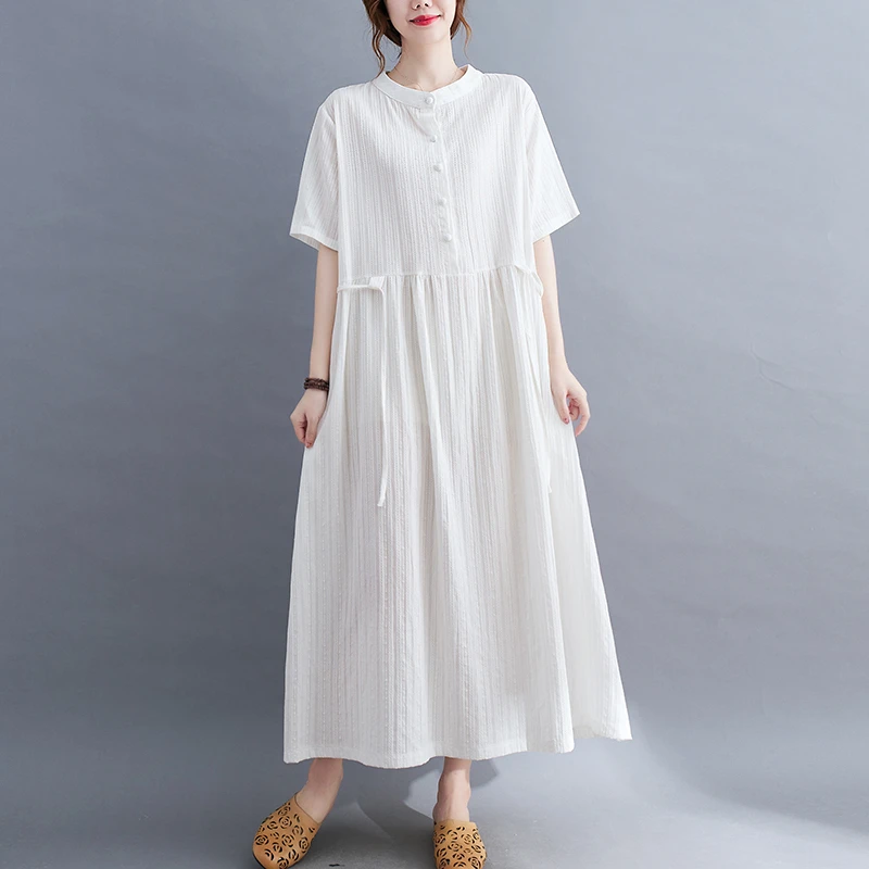 Korean Fashion Style Cotton Linen Chic Green Summer Dresses For Women 2025 Casual Loose Long Office Ladies Dress Elegant Clothes