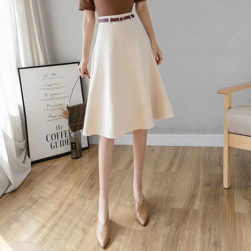 Skirts Womens 2020 High Waist Big Swing A Line Skirt Summer Women Office Lady Elegant Midi With Belt Woman Faldas | Женская одежда
